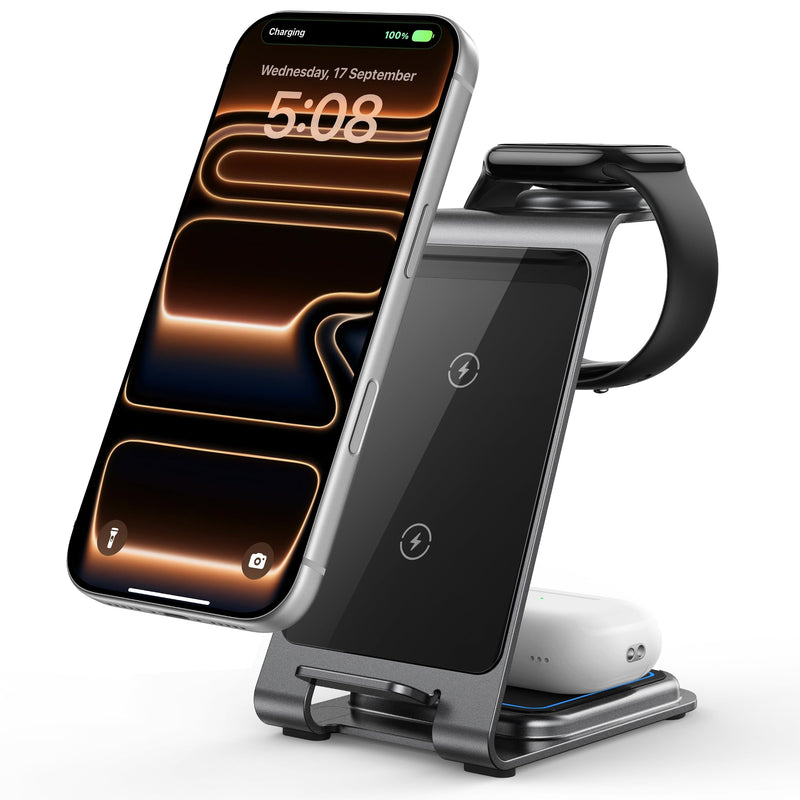 Intoval Aluminum 3 in 1 Wireless Charging Station for iPhone 17 16 15 14 13 12 11 Pro Max XR, Wireless Charger for Apple Watch 11 10 9 8 7 Ultra