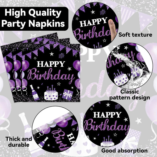 96Pcs Purple and Black Birthday Decorations Happy Birthday Party Supplies Tableware Set Purple Black Disposable Paper Plates Napkins Dinnerware