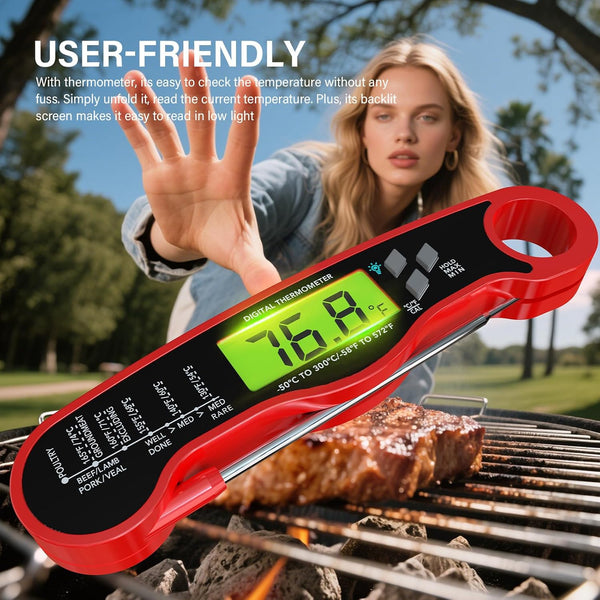 AWLKIM Meat Thermometer Digital, Instant Read Food Thermometer, Red | Waterproof cooking thermometer with doneness chart, backlight, F/C switch