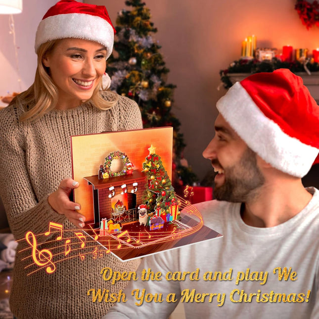 Christmas Card Pop up with Light and Music 3D Santa Fireplace Merry Christmas Gr