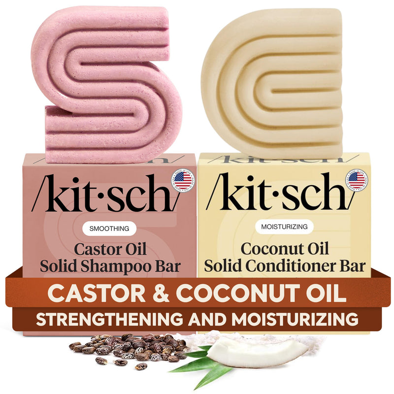 Kitsch Castor Oil Shampoo Bar & Coconut Oil Deep-Moisturizing Conditioner Bar - Hydrating for Dull & Dry Hair, Strengthen & Restore Damage Hair,