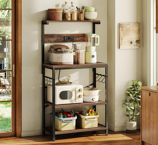 SUPERJARE Kitchen Bakers Rack with Power Outlet, Coffee Bar Table 4 Tiers, Kitchen Microwave Stand with 6 S-shaped Hooks, Storage Shelf Rack for
