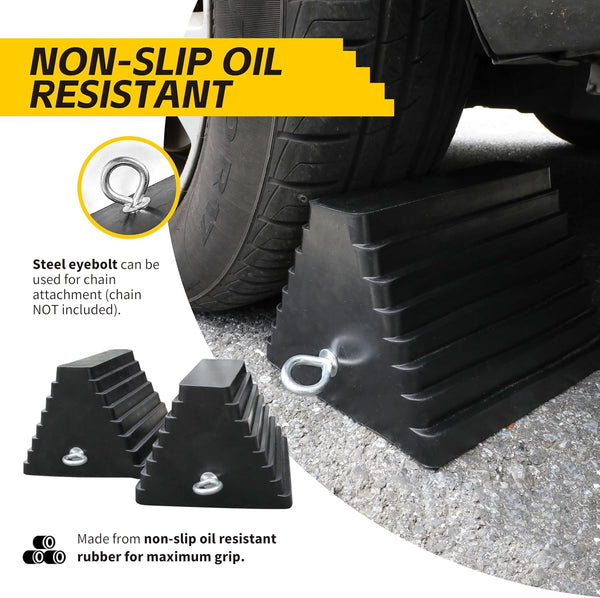 MaxxHaul Rubber Wheel Chock 2 Pack, Large 10" x 8" x 6" Heavy Duty Tire Stop with Non Slip All Weather Grip, Oil Resistant Rubber Block with Steel
