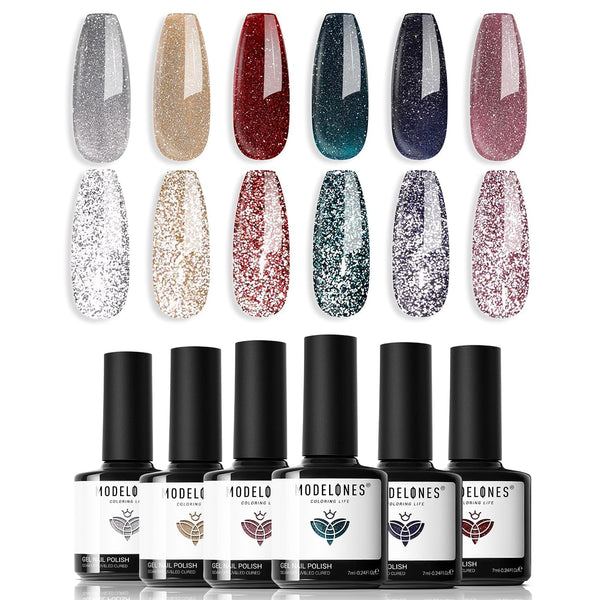 modelones Glitter Gel Nail Polish Set, 6 Colors Fall Winter Shimmer Sparkle B 4-Glitter Gala