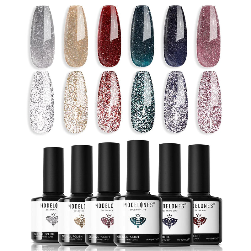 modelones Glitter Gel Nail Polish Set, 6 Colors Fall Winter Shimmer Sparkle B 4-Glitter Gala