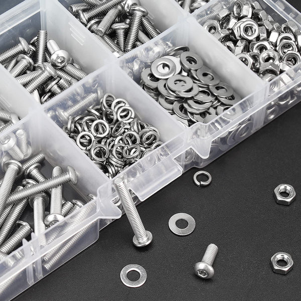 HELIFOUNER 500 Pieces M3 x 6mm /8mm /10mm /12mm /16mm /20mm, Hex Button Head Cap Metric Screws Bolts Washers Nuts Kit, 304 Stainless Steel