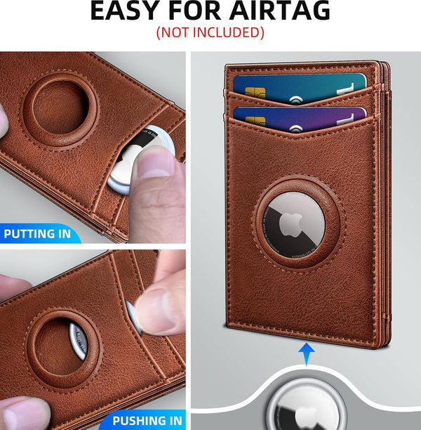 Airtag Wallet for Men- with Money Clip Gift Boxed, Magnetic Closure Slim Genuine Leather Front Pocket Wallet, 3.9"X 2.7", RFID Blocking