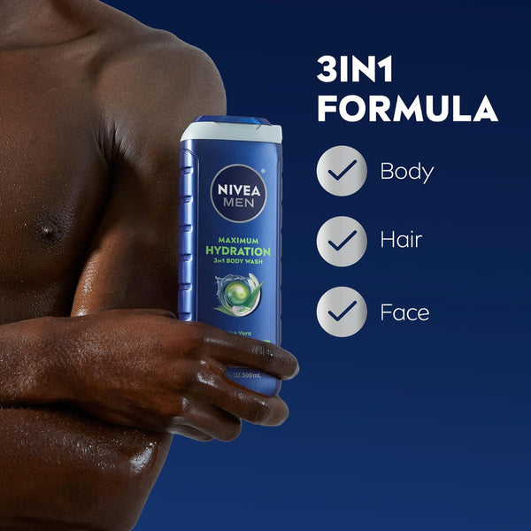 NIVEA MEN Maximum Hydration Body Wash for Dry Skin, Aloe Vera Enriched, 3-in-1 Moisturizing Body Wash, Face and Hair, Paraben Free, Vegan Formula,