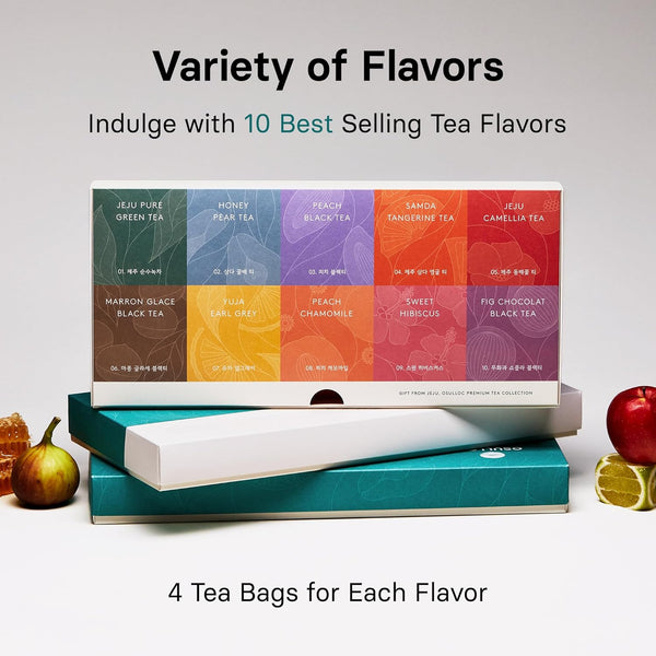 OSULLOC Premium Tea Collection (40 Count, 10 Flavors X 4 Ea), Assorted Tea Bag Sampler, Premium Organic Pure & Blended Self Care Gift Set Box from