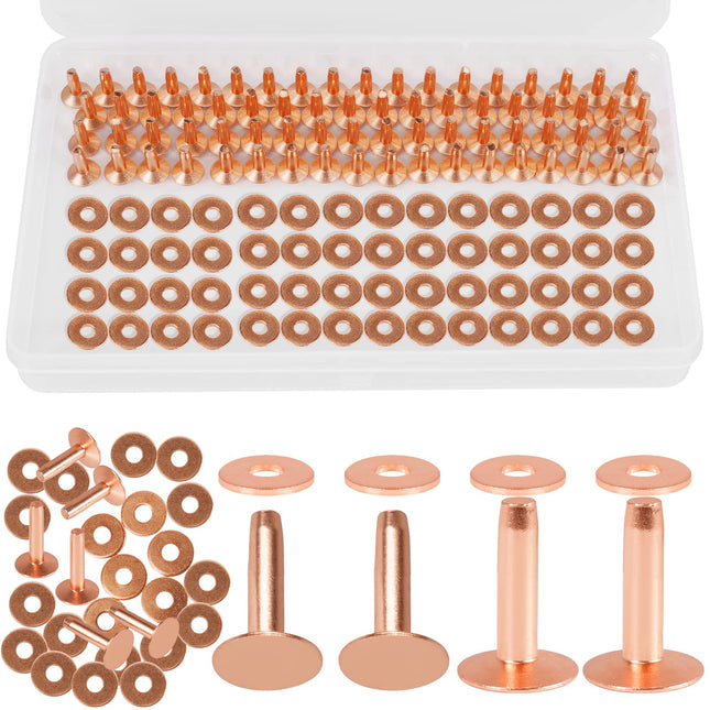 Junesunshine 154Pcs Copper Rivets for Leather, 2 Smooth Leather Rivets without Pattern, Pure Copper Rivets and Burrs for