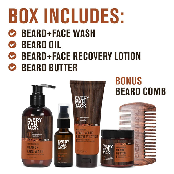 Every Man Jack Mens Aged Bourbon Beard Set - Five Full-Sized Grooming Essentials for a Complete Routine - Beard + Face Wash, Beard + Face Lotion,