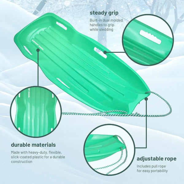 Slippery Racer Downhill Xtreme Flexible Adults and Kids Plastic Toboggan Snow Sled for up to 2 Riders with Pull Rope and Handles 2 PACK RED/GREEN