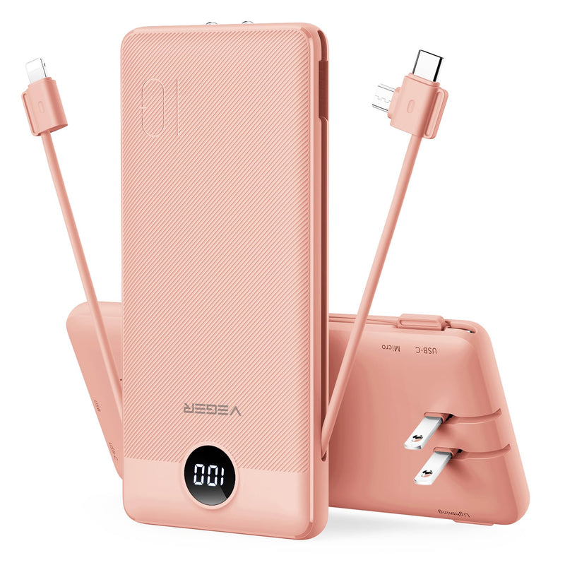 VEGER Portable Charger for Iphone Built in Cables and Wall Plug, 10000Mah Slim Fast Charging USB C Power Bank, Travel Essential Battery Pack