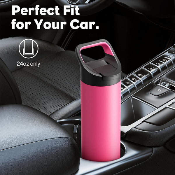 24 Oz Insulated Water Bottle for Sports: 3 Lids, Leakproof, Keep Cold 24H, Car Cupholder Friendly, Stainless Steel Water Flask with Straw and