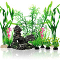 Fish Tank Accessories Aquarium Decorations Plants, 9Pcs Green Fish Tank Decorations Plants and Cave Rock Decoration Decor Set, Aquarium Decor