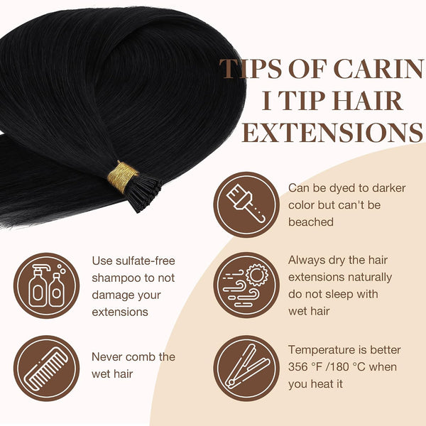 GOO GOO I Tip Hair Extensions Real Human Hair, 14inch 50g 100S, Cold Fusion I Tip Hair Extensions, Invisible Remy Hair Extension, 1 Jet black I-