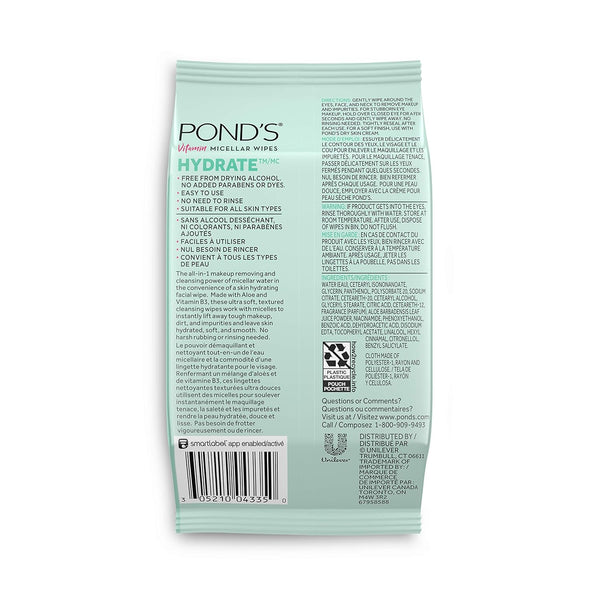 POND'S Vitamin Micellar Makeup Remover Wipes for Dry Skin, Skin Care Hydrating Aloe Vera Daily Face Wipes Remove Dirt, Waterproof Makeup, 25