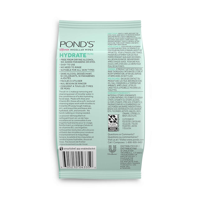 POND'S Vitamin Micellar Makeup Remover Wipes for Dry Skin, Skin Care Hydrating A