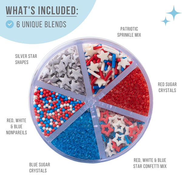 Sweets Indeed 4th of July Sprinkles 6 Cell Jar – Patriotic Nonpareils, Star Sprinkles, Jimmies and Sanding Sugar for Baking & Decorating Cupcakes,