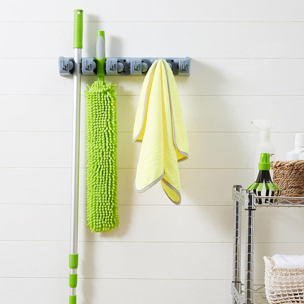 Amazon Basics Rectangular Heavy Duty Wall Mount Broom and Mop Holder, Sturdy Tool Organizer with Hooks and Slots for Garage, Garden, Laundry,