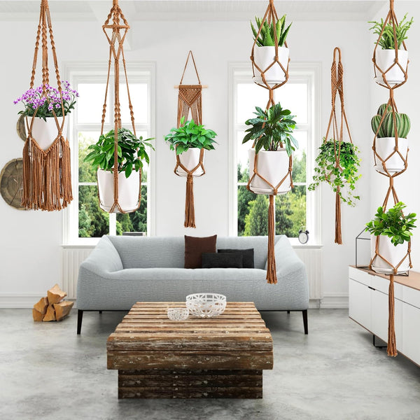 SFENNGPET Macrame Plant Hangers, 6Pack Hanging Planters for Indoor Plants Caramel
