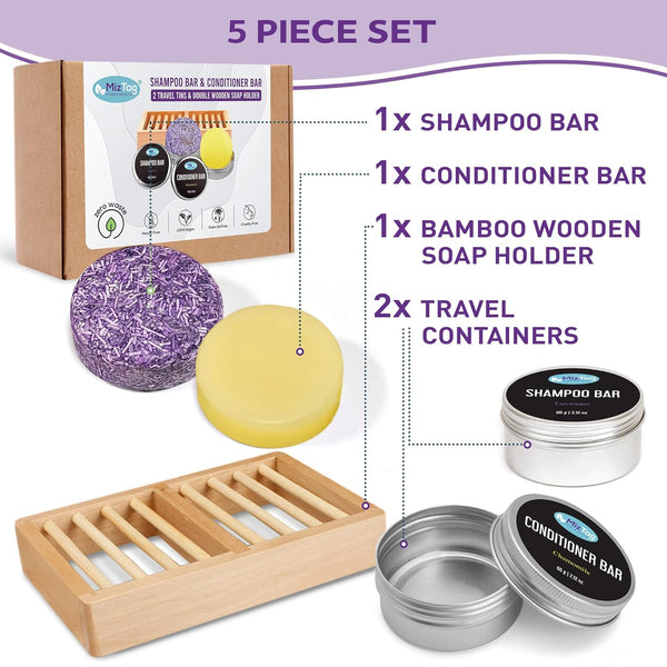 Miztag Home & Health Shampoo and Conditioner Bar Set - 5Pcs with Holder & Travel Tins - Vegan, Sulfate-Free, Paraben-Free - Great Mothers Day Gift