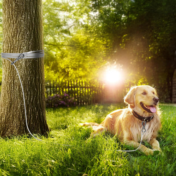 Tresbro 15FT Reflective Tie Out Cable for Dogs Up to 250 Pounds, Steel Wire Lead Leash Cable with Stainless Dual Fix Buckle, Lightweight and