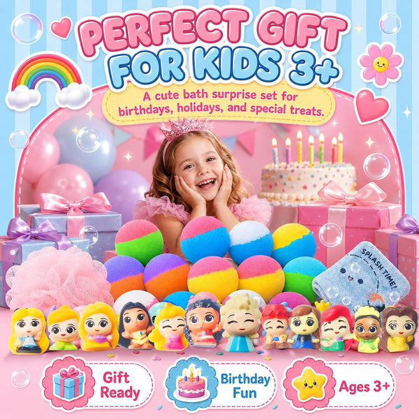 Bath Bombs for Kids: 12 Pcs Princess Bath Bombs with Toys Inside, Kids Bath Bomb Rich in Natural Essential Oils, Organic Bath Bomb Gift Set for
