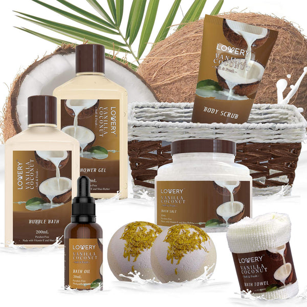 Gifts For Women Gift Basket for Women– 9 Piece Set of Vanilla Coconut Home Spa Set, Luxurious Gifts for Her, Bath and Body Sets Includes Fragrant
