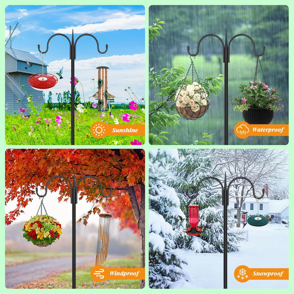 FEED GARDEN Heavy Duty Shepherds Hook 76" Double Hooks Adjustable (44/60/76") - Alloy Steel 5-Prong Base, 17lb Capacity - Easy Assembly Bird