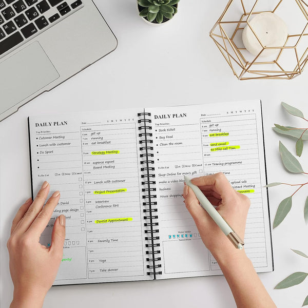Daily Planner Undated, Asten To Do List Notebook Hourly Schedules Spiral Appointment Planner for Men and Women,PVC Hardcover,Elastic Closure,