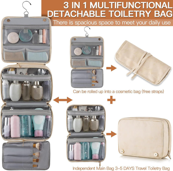 Elviros Hanging Travel Toiletry Bag for Women Vegan Leather (Beige) | 3-in-1 Waterproof Makeup Bag with Compartments for Skincare, Toiletries,