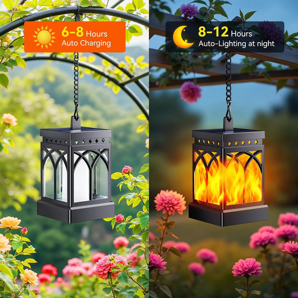 KOOPER 4 Pack Solar Lanterns Outdoor Waterproof, Upgraded Flickering Flame Modes + Constant Modes Hanging Solar Lantern Lights for Outside,