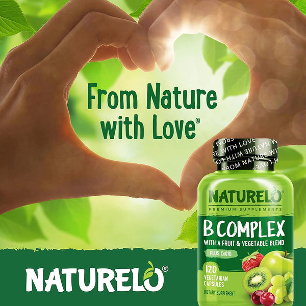 NATURELO Vitamin B Complex with Methyl B12, Methyl Folate, Vitamin B6, Biotin plus Choline, Coq10, and Fruit & Vegetable Blend - Supports Energy &