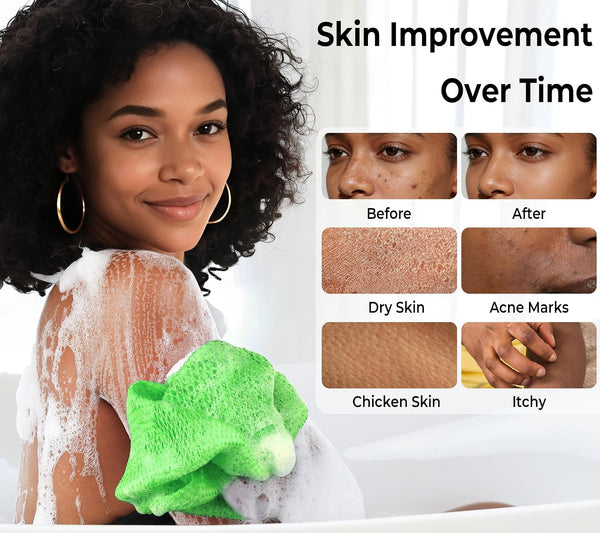 Authentic African Net Sponge with Knots - 2 Pieces Exfoliating Body Sponge Purple & Green - Back Scrubber Shower Exfoliator for Women Personal