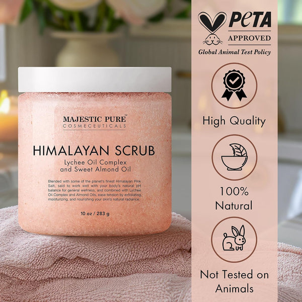 MAJESTIC PURE Himalayan Salt Body Scrub with Lychee Oil, Exfoliating Salt Scrub to Exfoliate & Moisturize Skin, Deep Cleansing - 10 oz Himalayan