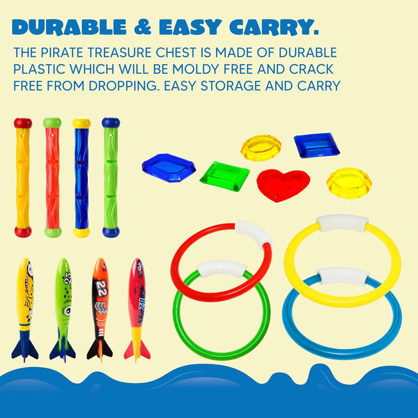 JOYIN 18Pcs Diving Pool Toys for Kids, Swimming Pool Toy with Storage Bag Includes 4 Pool Rings, 4 Diving Sticks, 4 Bandits, 6 Treasures