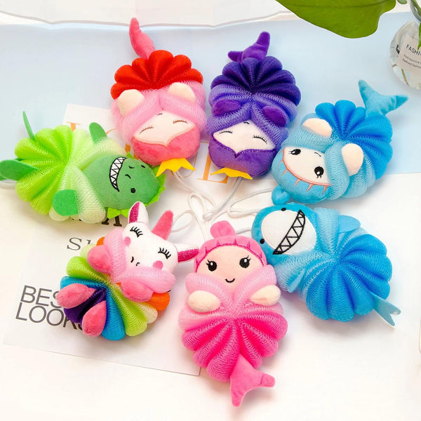 MURRI&MURRDI 4 Pcs Bath Loofah for Kids Bath Sponge, Lovely Animal Body Scrubber Kids Toddler Body Loofah Cute Cartoon Kids Bath Pouf Mesh Loofah