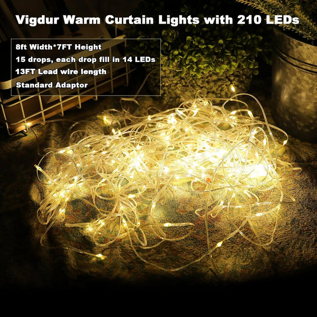Vigdur Led Curtain String Lights, 8FT Window Fairy Lights for Bedroom with 210 Warm LEDs, Hanging Twinkle Indoor String 