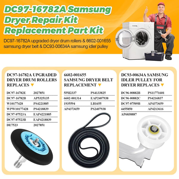 Dryer Repair Kit Fit for Samsung DV42H5000EW/A3 DV45H7000EW/A2 DV42H5200EP/A3 DV40J3000EW/A2, Includes DC97-16782A Samsung Dryer Roller,