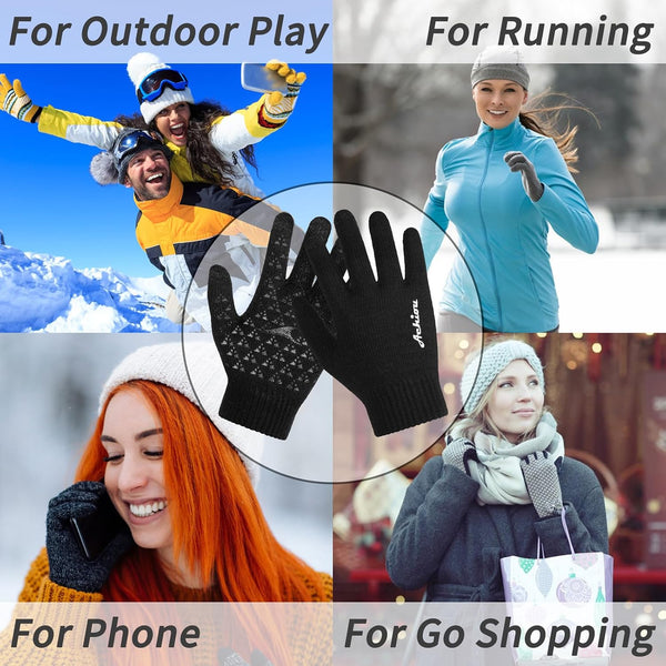 Achiou Winter Gloves for Men Women, 2 Pairs Touch Screen Texting Warm Running Gloves Thermal Soft Knit Lining, Elastic Cuff 1 Black/1 Black &