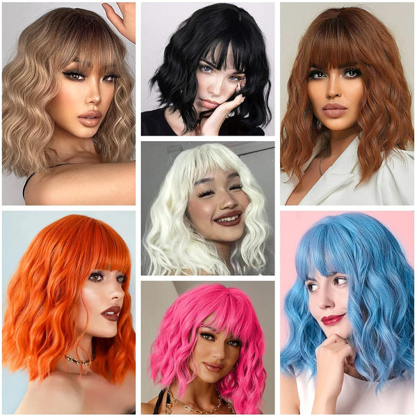 Brown Wig with Bangs for Women Short Natural Wavy Light Brown Wigs for Women Synthetic Brown Curly Bob Wig for Daily Use