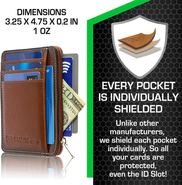 ID Stronghold RFID Blocking Front Pocket Wallet – Slim Minimalist Genuine Leather Wallet with Zipper Coin Pocket (Antiqued Brown)