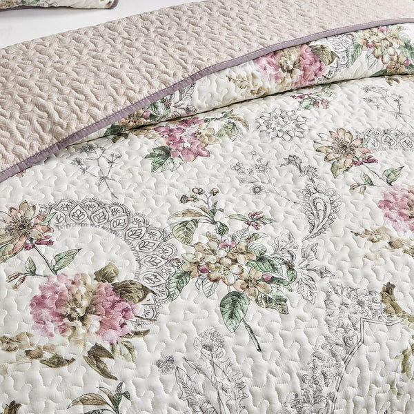 Flysheep 3 Pieces Quilt Set Full/Queen Size, Beige Floral Reversible Bedspread Coverlet Set, Soft Microfiber Lightweight Bed Cover for All Season