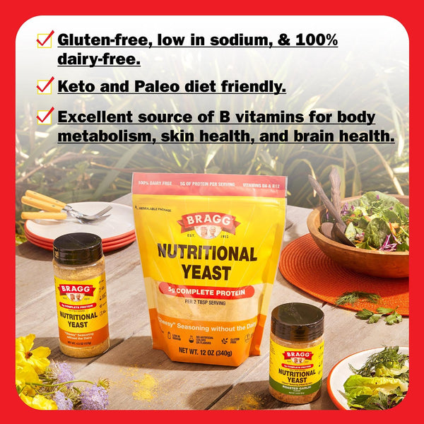 Bragg Premium Nutritional Yeast Seasoning - Vegan, Gluten Free – Good Source of Protein & Vitamins – Nutritious Savory Parmesan Cheese Substitute