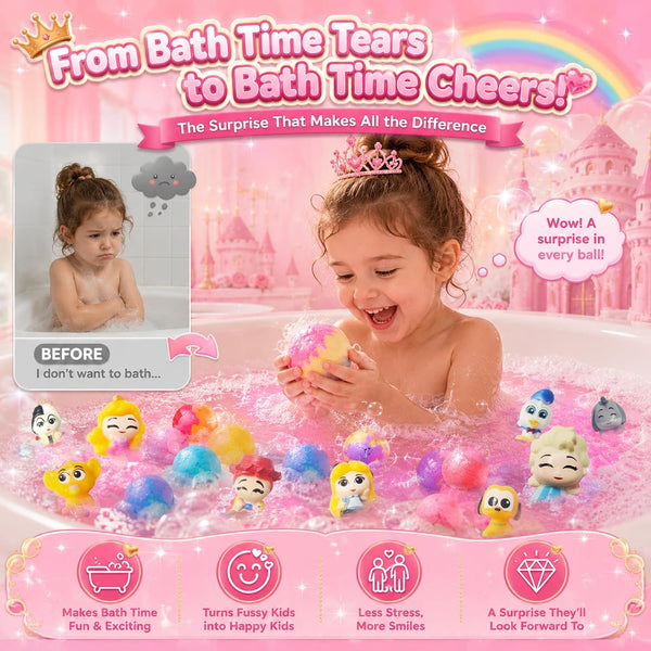 Bath Bombs for Kids: 12 Pcs Princess Bath Bombs with Toys Inside, Kids Bath Bomb Rich in Natural Essential Oils, Organic Bath Bomb Gift Set for