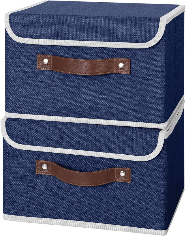 ANMINY 2PCS Storage Bins with Lid PU Leather Handles Storage Boxes PP Plastic Board Decorative Foldable Lidded Cotton Li