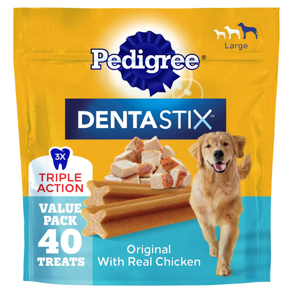 Pedigree Dentastix Large Breed Dog Dental Treats, Original, 40 Count | Triple action dental care, reduces tartar, cleans teeth, freshens breath,