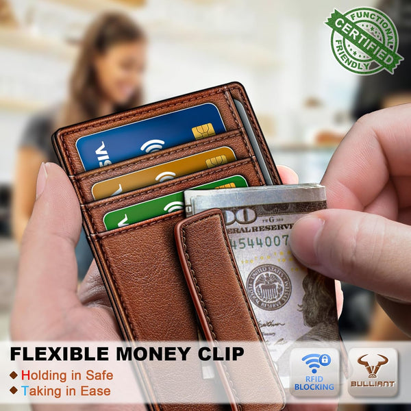 BULLIANT Men Slim Leather Wallet Money Clip 7Cards-Gift Boxed-RFID Blocking | Easy Access | Pocket Fit | Minimalist Skinny Brick Brown7490 Alaska