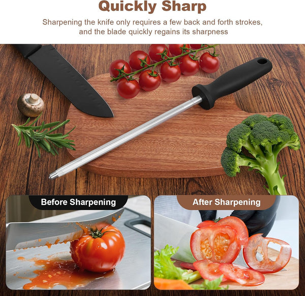 12 Inches Knife Sharpening Steel Rod, High Carbon Steel Honing Rod with 9 Inches Sharpening Steel and Ergonomic PP Handle, Premium Kitchen Knife